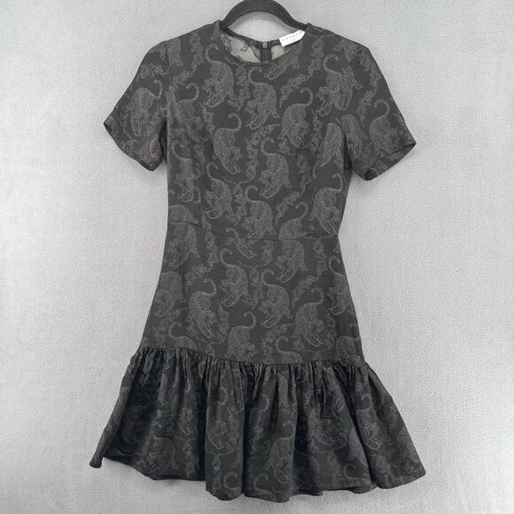 Sandro Paris Ruffle Hem Mini Dress Womens 1 Black Tiger Print Short Sleeve - Picture 1 of 16
